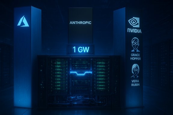 Blue-lit data center with a 1 GW display, flanked by Anthropic and NVIDIA branding. Blue-lit data center with a 1 GW display, flanked by Anthropic and NVIDIA branding.