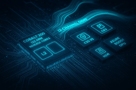 A neon-blue circuit board featuring the Cobalt 200 chip with 132 ARM Noverse cores.