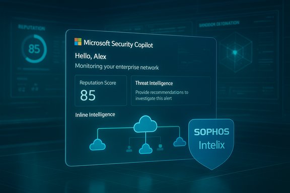 Microsoft Security Copilot dashboard greeting Alex, displaying an 85 reputation score and threat intelligence.