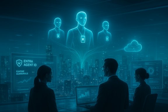 Three holographic agents connected to cloud IDs hover above analysts monitoring secured data.