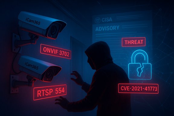 A hooded figure near security cameras, surrounded by neon threat and CVE advisory overlays.