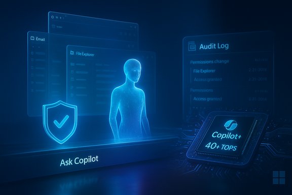 A blue holographic UI shows a glowing humanoid figure, shield, and Copilot chip.