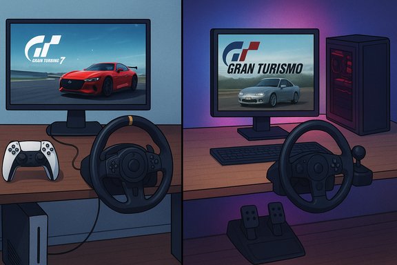 Split-screen of two racing setups: left console with wheel, right PC rig, both running Gran Turismo. Split-screen of two racing setups: left console with wheel, right PC rig, both running Gran Turismo.