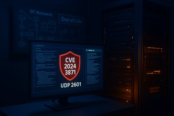 Dark data center with a CVE-2024-3871 alert on a monitor beside a server rack.