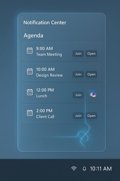 Blue glass-like screen showing a Notification Center with agenda items and Join/Open buttons.