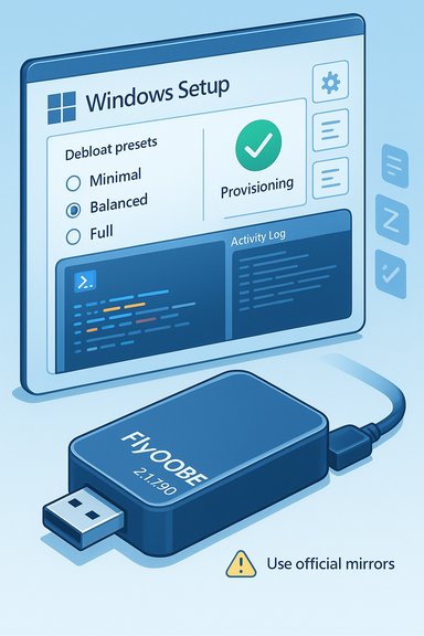 Windows Setup interface shown on a monitor connected to a USB dongle, with a 'Use official mirrors' reminder.