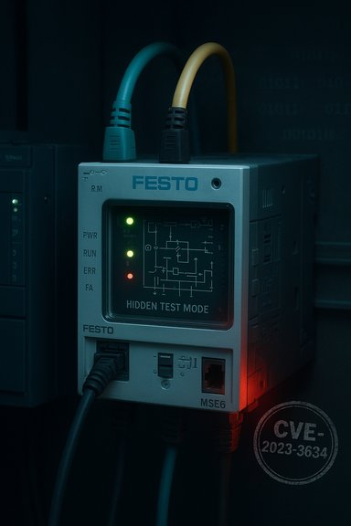 A FESTO control unit with two cables plugged in, showing a screen labeled Hidden Test Mode.