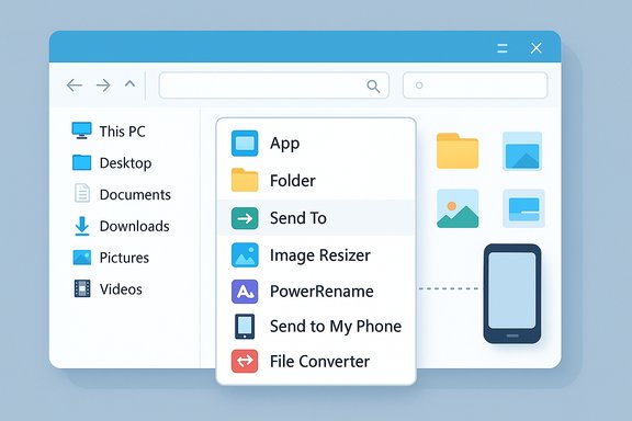 Windows-style file explorer with a 'Send To' menu showing apps, folders, and tools.