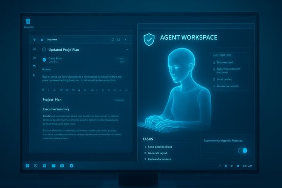Futuristic blue agent workspace UI with a glowing holographic person at a keyboard.