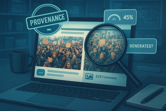 A laptop displays a crowd photo with a magnifying glass and provenance stamp, questioning if it's generated.
