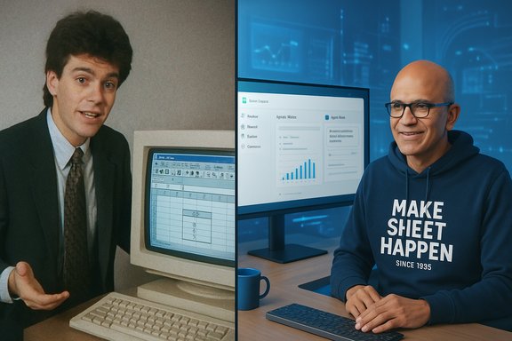 Split-screen: retro office worker with an old computer on the left and a modern data analyst at a desk on the right.