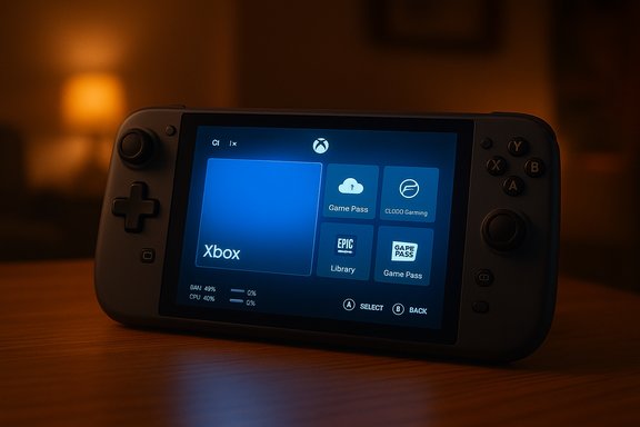 A handheld game console displaying the Xbox home screen.