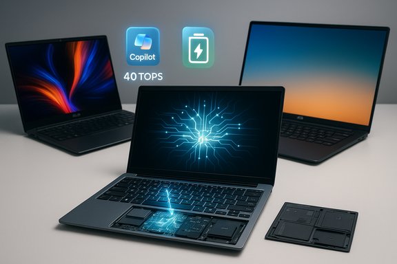 Three laptops on a desk; front unit shows glowing circuit display beside Copilot and 40 TOPS icons.
