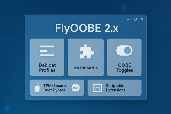 FlyOO BE 2.x UI featuring tiles for Debloat Profiles, Extensions, and OOBE Toggles. FlyOO BE 2.x UI featuring tiles for Debloat Profiles, Extensions, and OOBE Toggles.