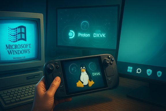 Handheld game console running Linux (Tux) with DXVK/Proton, beside a retro Windows 1.0 display.