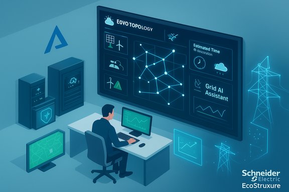 An operator at a desk monitors a wall-sized dashboard of grid topology and AI analytics.