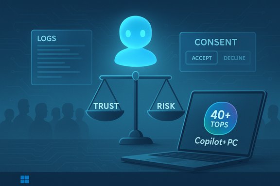 Blue AI concept: a trust vs risk balance with a user avatar above a Copilot+PC laptop.