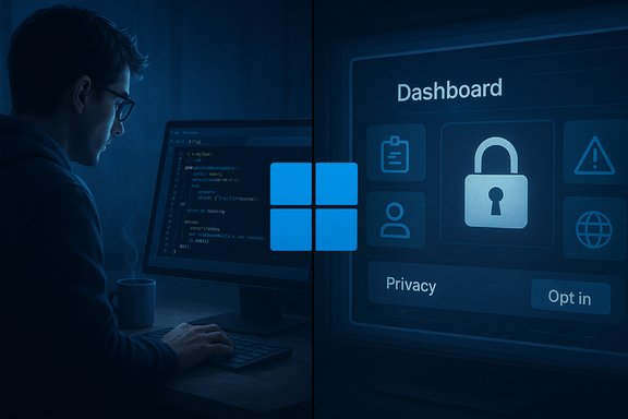 A programmer at a desk codes on a monitor, with a blue security dashboard on the right.