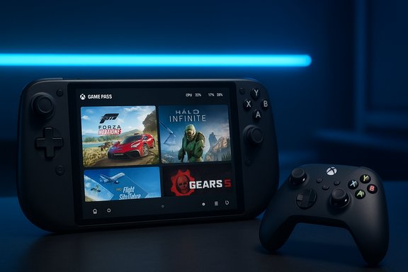 Handheld console displaying Xbox Game Pass with Forza, Halo Infinite, Flight Simulator, and Gears 5.