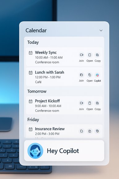 Rounded calendar card showing today’s events and upcoming meetings, with a Hey Copilot banner.