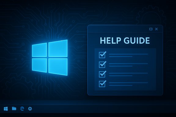 Blue Windows logo with a help guide checklist on a circuit-patterned Windows desktop.