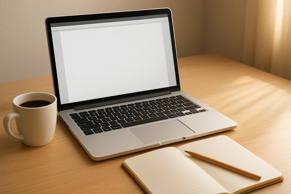 A laptop with a blank screen sits on a wooden desk beside a coffee mug and an open notebook.