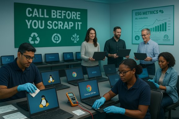 Tech workers refurbish laptops in a recycling lab, each screen showing the Linux penguin.