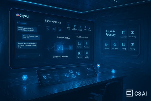 Blue-lit futuristic control room with screens labeled Copilot, Fabric OneLake, and Azure AI Foundry.
