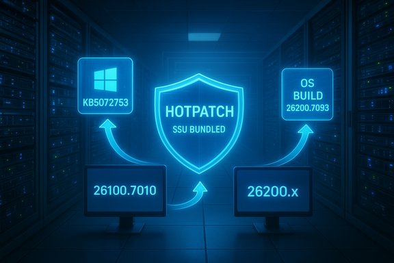 Neon-blue data center scene with a HOTPATCH shield and OS/build indicators.