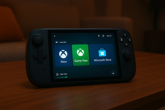 A handheld gaming console on a wooden table, showing Xbox, Game Pass, and Microsoft Store tiles.