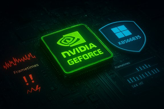 Neon-green NVIDIA GeForce GPU chip on a circuit board beside a Windows shield badge. Neon-green NVIDIA GeForce GPU chip on a circuit board beside a Windows shield badge.