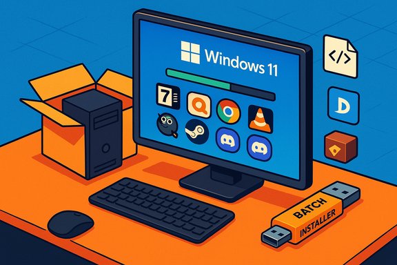 Windows 11 desktop on a bright orange desk with a PC tower, open box, and a USB batch-installer.
