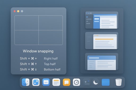 Mac-style UI showing window snapping layouts on the left and stacked previews on the right, with a bottom dock.
