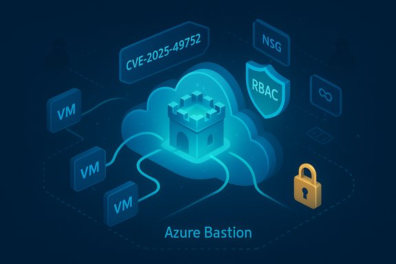 Azure Bastion security illustration: a cloud fortress guarding VMs with RBAC and NSG.