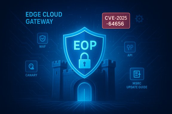 Edge Cloud Gateway security graphic featuring a glowing EOP shield guarding a fortress.