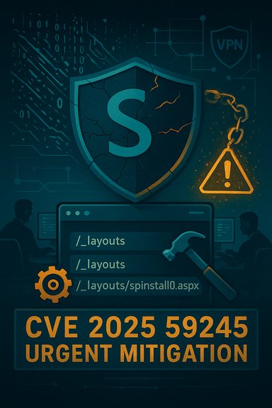Urgent CVE 2025-59245 vulnerability alert with mitigation and shield imagery.