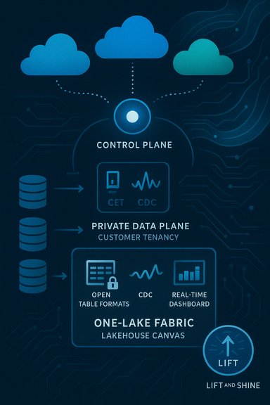 Cloud data fabric diagram with control plane, private data plane, and lakehouse canvas.