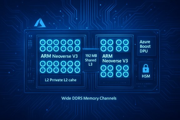 Blue neon diagram of wide DDR memory channels with ARM Neoverse V3 cores.