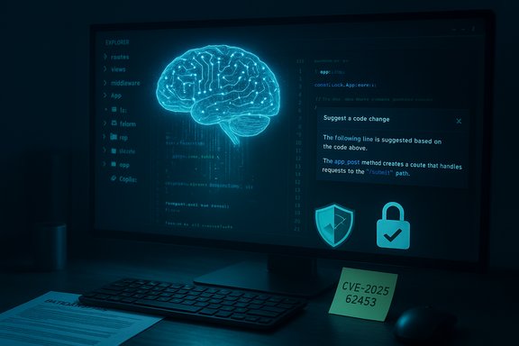 Blue glowing brain hologram over code on a monitor, with security icons and a CVE note.