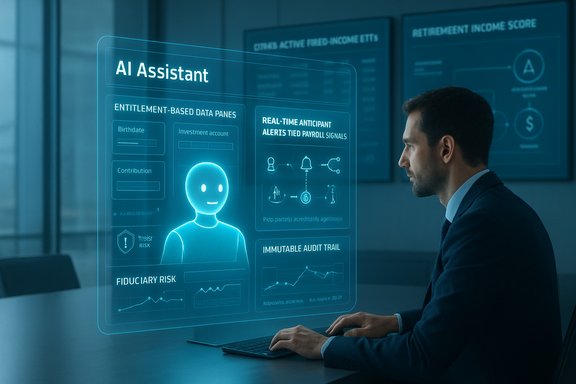A man in a suit views a blue holographic AI Assistant dashboard with data panels.
