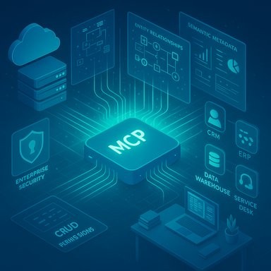 A glowing MCP chip orchestrates enterprise systems (CRM, ERP, data warehouse) with security. A glowing MCP chip orchestrates enterprise systems (CRM, ERP, data warehouse) with security.