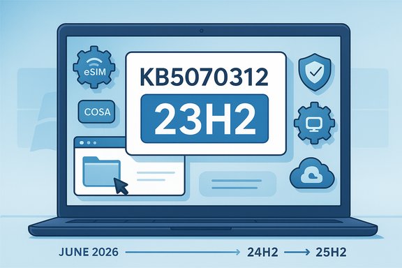 Laptop screen displays Windows update KB5070312 23H2 with icons and a June 2026 timeline. Laptop screen displays Windows update KB5070312 23H2 with icons and a June 2026 timeline.