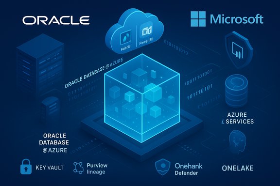 Blue-toned infographic showing Oracle Database on Azure with Azure services and cloud icons.