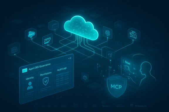 Futuristic cloud governance scene showing identity, permissions, and MCP security shield.