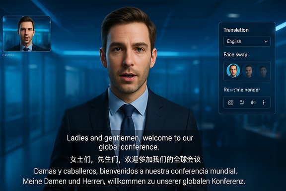 A man in a suit delivers a global conference with translation and face-swap UI overlays.