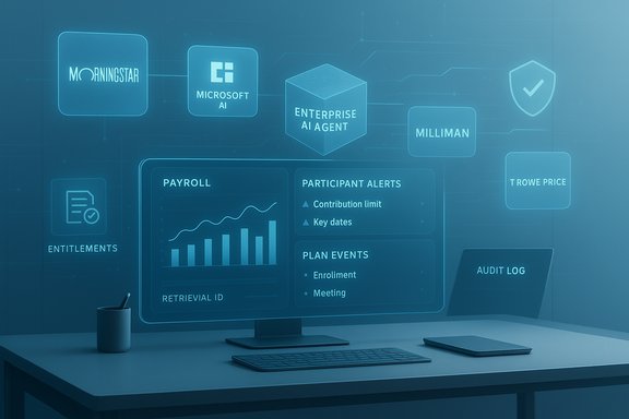 A futuristic AI dashboard projected on the desk shows payroll analytics and alerts.