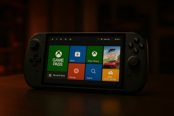 A handheld game console displaying a Windows-style tile menu with Xbox Game Pass.