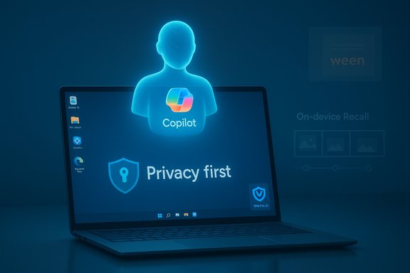 A holographic Copilot figure hovers above a laptop displaying Privacy first.