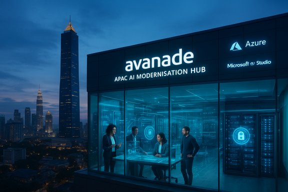 Avanade APAC AI Modernisation Hub at dusk, with Azure and Microsoft Studio logos, glass-walled team briefing. Avanade APAC AI Modernisation Hub at dusk, with Azure and Microsoft Studio logos, glass-walled team briefing.