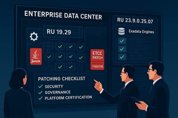 Enterprise data center dashboard showing patching checklist and engineers reviewing updates.